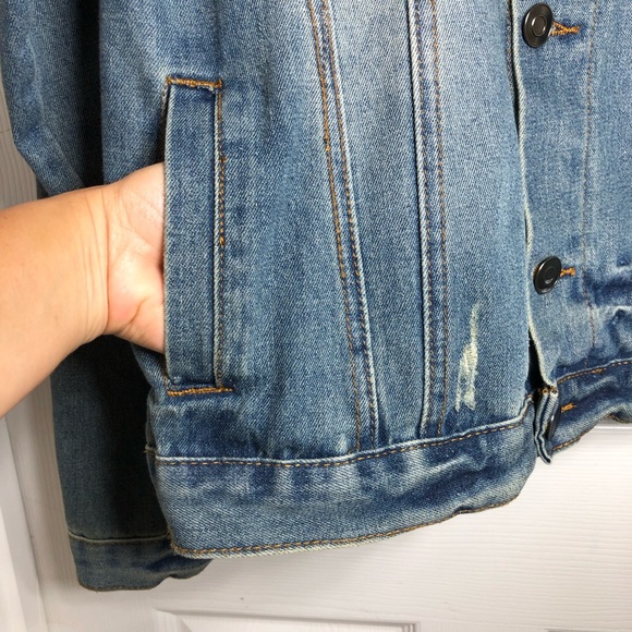 Carbon 70829 Denim Blue Yellowish Wash Distressed Buttoned Trucker Jean Jacket L - Picture 6 of 16